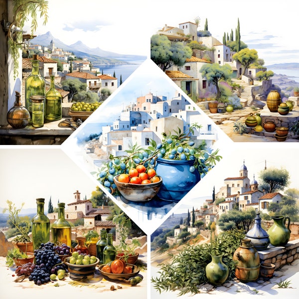 Griechenland Landschaft Aquarell Clipart, Reisen Griechenland Urlaub, Buchverschrottung hohe QualitätJPGs, kommerzielle Nutzung, digitaler Download