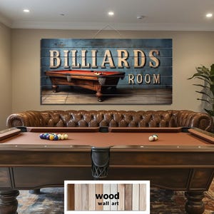 Billiards Room Sign Distressed Wood Wall Art, Pool Table Sign Rustic Bar Game Room Decor, Vintage Wood Billiards Painting Print For Man Cave