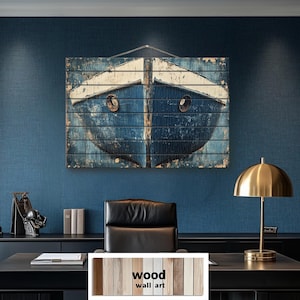 Rustic Boat Bow Distressed Wood Wall Art – Nautical Wall Art Printed on Real Wood, Navy Blue Ship Wall Decor for Cabin or Lake House Decor