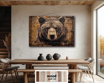 Bear Portrait Distressed Wood Wall Art –  Rustic Cabin Or Lodge Sign – Wildlife Decor Printed On Wooden Planks