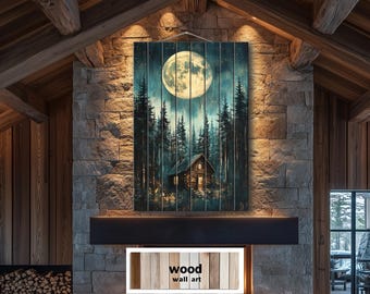 Cabin In The Woods Distressed Wood Wall Art – Above Fireplace Mantel Decor – Vertical Lodge Style Moonlit Forest Cabin Scene Painting Print