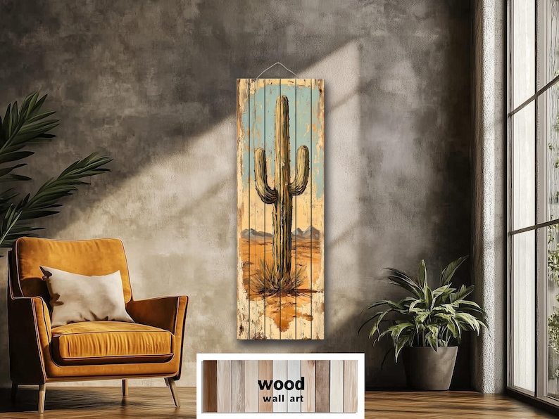 Tall Vertical Saguaro Cactus Wood Wall Art – Southwestern Desert Scene ...