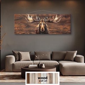 Moose Distressed Wood Wall Art Print, Brown Cabin Decor, Long Horizontal Above Bed Lodge Decor, Rustic Wildlife Artwork on Wood Planks