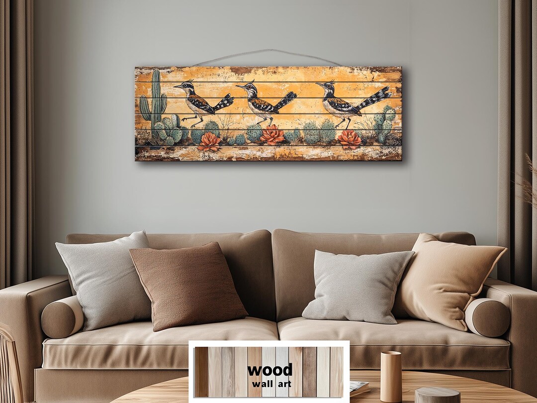 Roadrunner Birds With Cactus Distressed Wood Wall Art Long Horizontal ...
