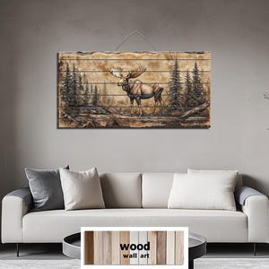 Stampa murale in legno anticato raffigurante un'alce nella foresta, stampa di animali selvatici di una baita rustica su assi di legno, decorazione murale con animali di un lodge western