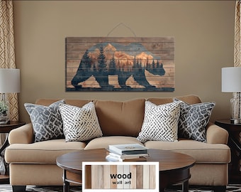 Wooden Bear Silhouette With Mountains And Forest Distressed Wood Wall Art Rustic Wildlife Landscape For Cabin Lodge Country Home Decor