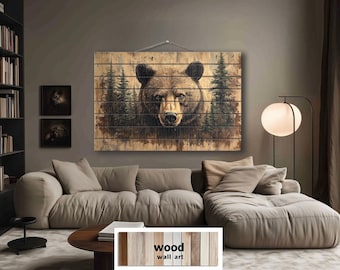 Rustic Grizzly Bear In Pine Trees Distressed Wood Wall Art Printed On Real Wood, Cabin Decor,  Coozy Lodge Wildlife Wall Art