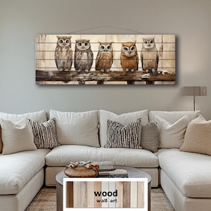 Owl Family Distressed Wood Wall Art - Long Horizontal Rustic Farmhouse Sign - Cabin, Lodge Woodland Decor Printed On Wooden Planks
