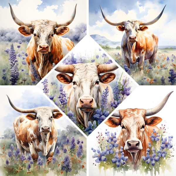 Longhorn in Blue Bonnets Watercolor Clipart, Texas Longhorn Bluebonnets Springtime, Book Scrapping, High QualityJPG's, Digital Download,