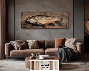 Brown Trout Distressed Wood Wall Art, Rustic Long Horizontal Fish Print On Wood Planks, Cabin Fishing Lodge Wall Decor For Lake House