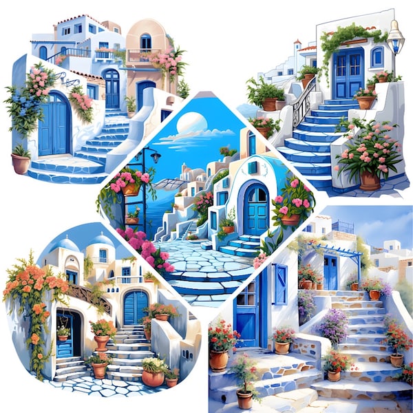 Santorini House Watercolor Clipart, Travel Greece Vacation , Book Scrapping High QualityJPG's, Commercial Use, Digital Download