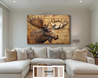 Moose Portrait Distressed Wood Wall Art – Rustic Cabin Or Lodge Sign – Wildlife Decor Printed On Wooden Planks