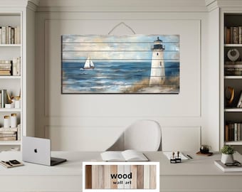Lighthouse And Sailboat Distressed Wood Wall Art - Nautical Coastal Painting Print On Wood Planks For Beach House Decor