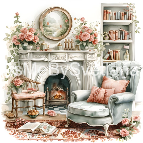 Victorian Living Room Watercolour Clipart, Retro Cozy Living Room , Book Scrapping, High QualityJPG's, Commercial Use,Digital Download,