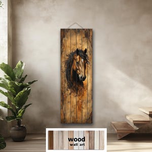 Tall Vertical Horse Portrait Distressed Wood Wall Art – Rustic Equestrian Decor – Farmhouse Horse Painting Printed on Wooden Planks
