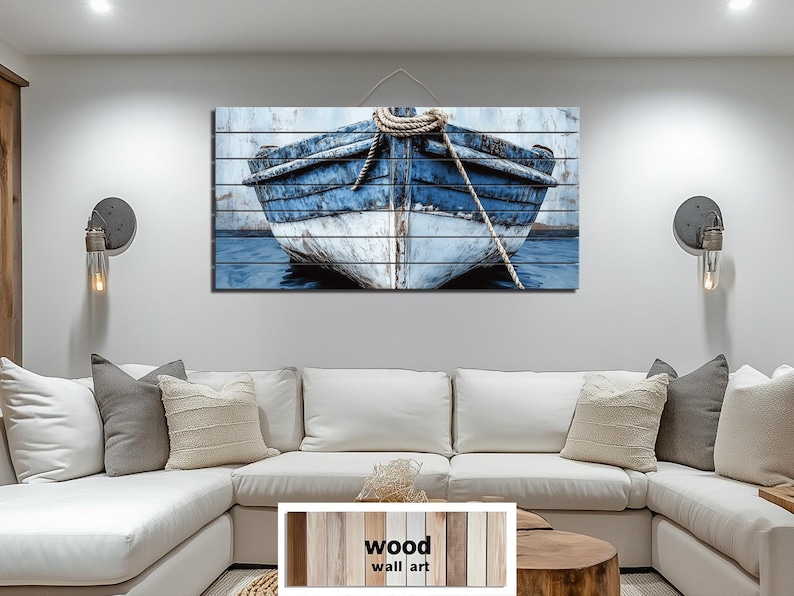 Rustic Blue Boat Close up Distressed Wood Wall Art Print Coastal Decor ...