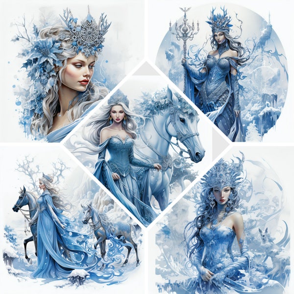 Clipart aquarelle de la reine des neiges, Illustration fantastique d'hiver, livre de haute qualitéJPG, utilisation commerciale, téléchargement numérique