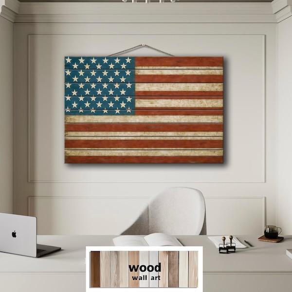 Rustic American Flag Distressed Wood Wall Art – Patriotic Horizontal Office Decor – Vintage USA Flag Rustic Painting Wood Print