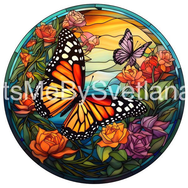 5 Butterfly Monarch Round Faux Stained Glass Style Clipart, PNGs, Digital Crafting, Transparent Background, Instant Download, Commercial Use