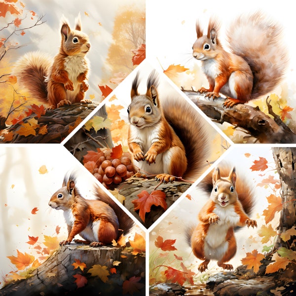 Cute Little Squirrel Clipart, Autumn Scene Watercolor Clipart, High Quality 16 JPGs, Instant Digital download,Commercial use