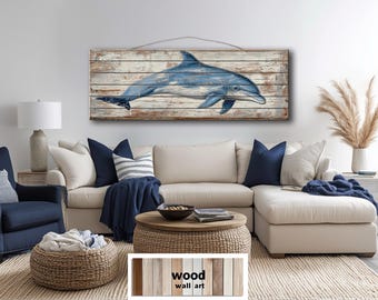Distressed Dolphin Painting Print On Wood – Costal Wood Wall Art, Rustic Blue Beach House Wall Decor For Bedroom Or Living Room