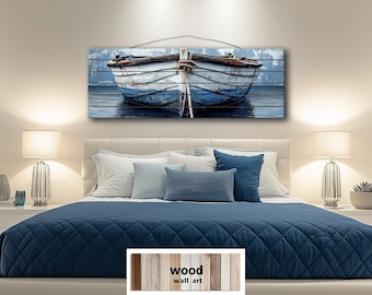Rustic Old Blue Boat Distressed Wood Wall Art – Nautical Coastal Decor – Long Horizontal Beach House Artwork Printed On Wooden Planks