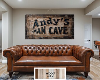Custom Name Man Cave Distressed Wood Wall Art – Personalized Funny Rustic Masculine Sign for Game Room or Bar, Gifts For Dad, Gifts For Him