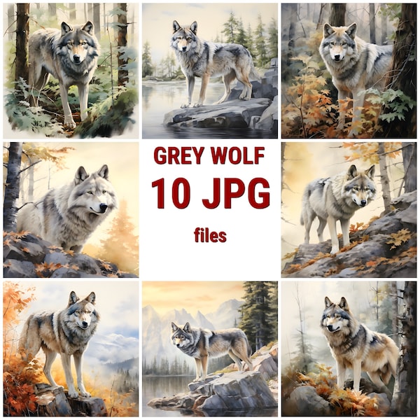 Grey Wolf Watercolor Clipart, Wolf Watercolor Painting Print, Book Scrapping High QualityJPG's, Commercial Use, Digital Download