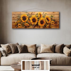 Sunflowers Painting Distressed Wood Wall Art Print Long Horizontal Farmhouse Bedroom Decor, Rustic Sunflower Print on Wood Planks