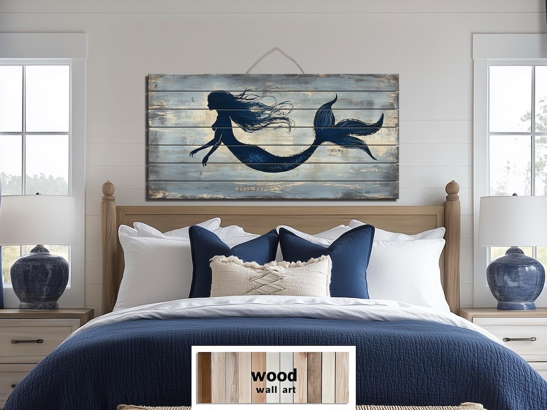 Blue Mermaid Distressed Wood Wall Art - Coastal Nautical Decor, Beach ...