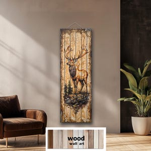 Decorazione murale in legno anticato con alce alto e stretto, stampa rustica verticale di animali selvatici su assi di legno, decorazione di una baita con alce maschio nella foresta