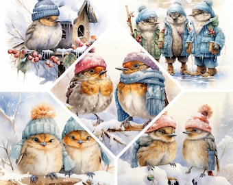 Cute Winter Birds Watercolor Clipart, Snowy Winter Birds Print, Book Scrapping High Quality JPG's, Commercial Use,Digital Download