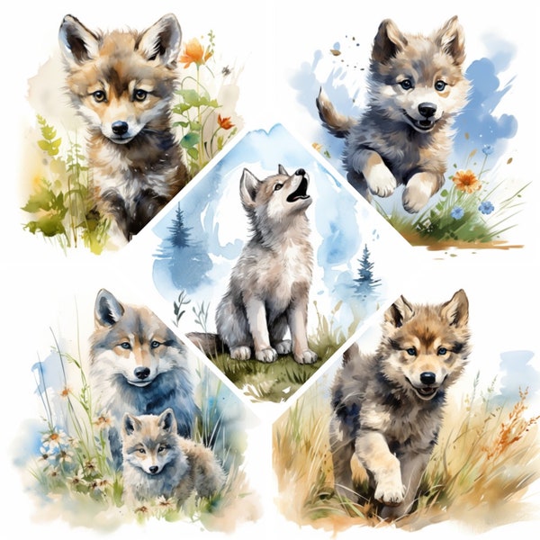 Baby Wolf Watercolor Clipart, Cute Baby Wolf Print, Book Scrapping High QualityJPG's, Commercial Use, Digital Download