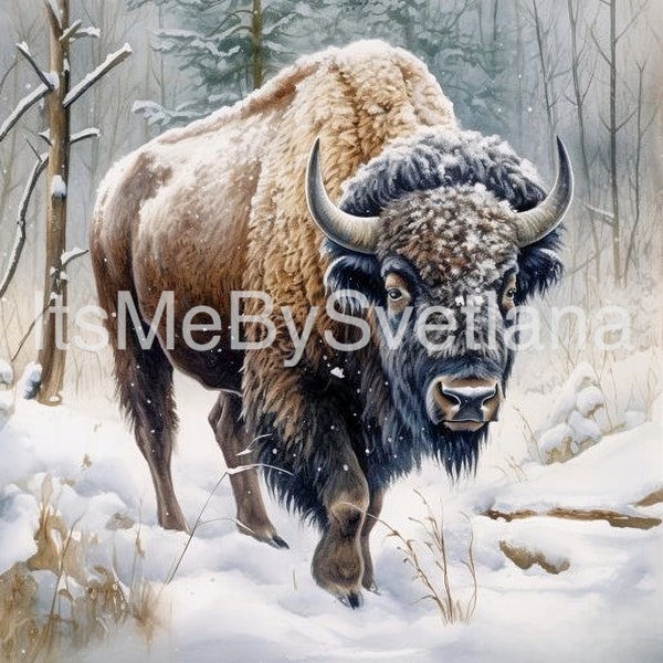 American Bison in Winter Watercolor Clipart, Buffalo in Winter Print, Book Scrapping High QualityJPG's,Commercial Use,Digital Download