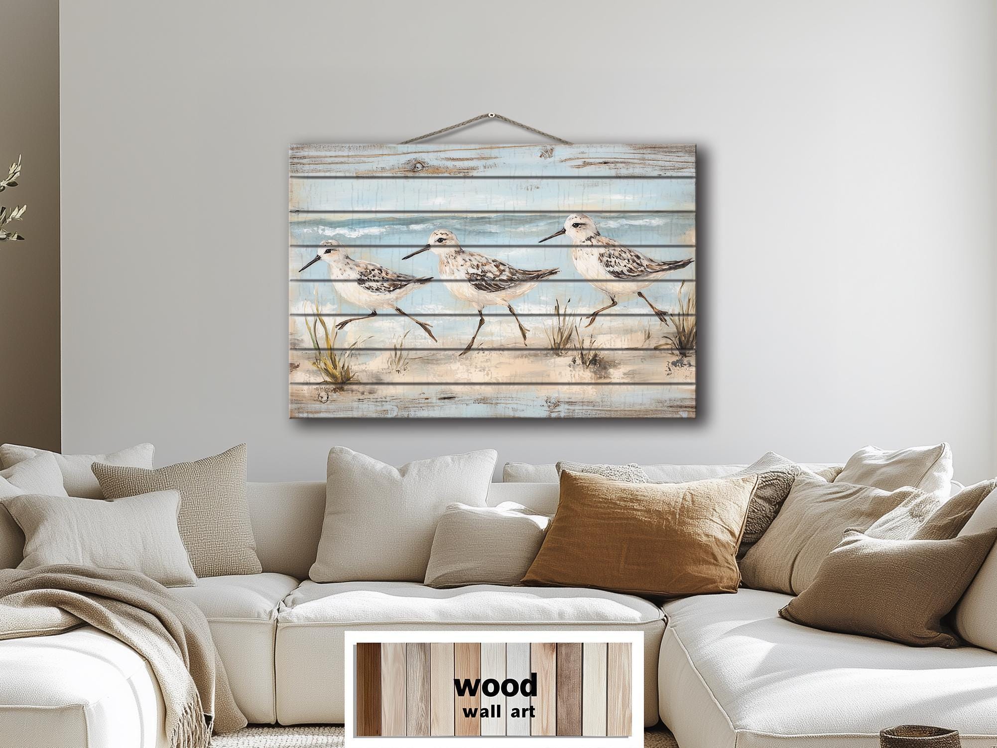 Coastal Distressed Wood Wall Art – Sandpipers Walking on Beach Rustic