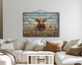 Rustic Highland Cow Distressed Wood Wall Art – Floral Pasture Meadow Scene Printed on Real Wood for Farmhouse Wall Decor