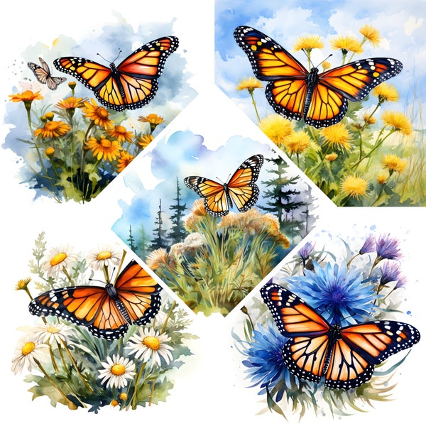 Butterfly Monarch and Flowers Watercolor Clipart, Floral Monarch, Book Scrapping, High QualityJPG's, Commercial Use, Digital Download