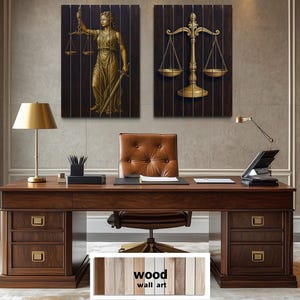 Set of 2 Law Office Wall Art – Brown Gold Lady Justice & Scales Of Justice Printed On Wood, Legal Decor For Attorney Office Or Law Library