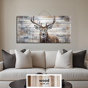 Rustic Deer Distressed Wood Wall Art, Horizontal Cabin Lodge Decor, Elk Stag Wildlife Wall Art Print On Real Wood