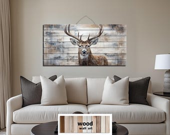 Rustic Deer Distressed Wood Wall Art, Horizontal Cabin Lodge Decor, Elk Stag Wildlife Wall Art Print On Real Wood