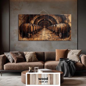 Art For Men, Whiskey Cellar Distressed Wood Wall Art, Wine Barrels Painting Print On Wooden Planks, Rustic Decor for Bar or Man Cave