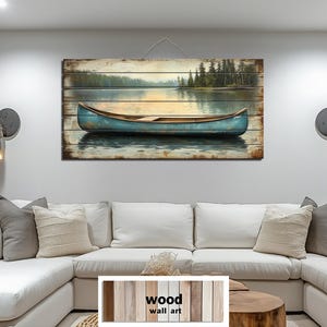 Blue Canoe On Lake Distressed Wood Wall Art – Rustic Lakehouse Decor, Cabin Wall Art, Peaceful Canoe Painting Print On Wooden Planks