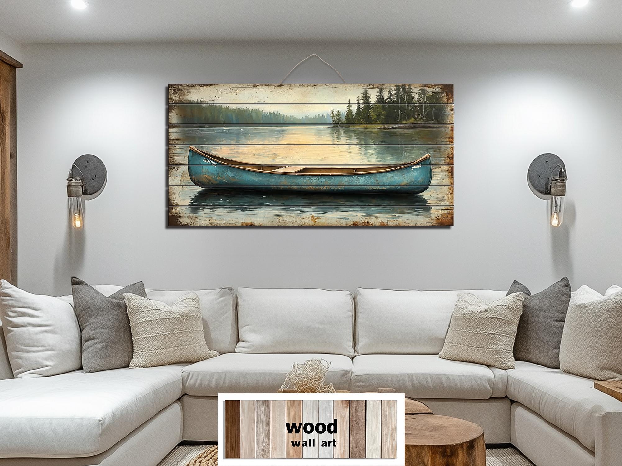 Blue Canoe on Lake Distressed Wood Wall Art – Rustic Lakehouse Decor ...