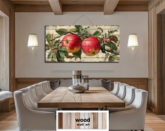 Rustic Red Apples on Branch Distressed Wood Wall Art – Farmhouse Kitchen Dining Room Harvest Fruit Country Wall Decor