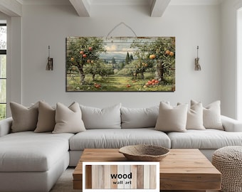 Rustic Apple Orchard Landscape Distressed Wood Wall Art – Farmhouse Kitchen Dining Room Harvest Fruit Tree Wall Decor