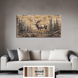 Moose In Forest Distressed Wood Wall Art, Rustic Cabin Wildlife Print On Wood Planks, Western Lodge Animal Wall Decor