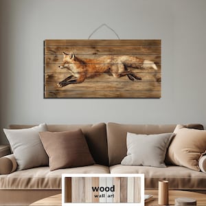 Leaping Fox Distressed Wood Wall Art – Rustic Woodland Animal Painting – Farmhouse Cabin Wildlife Decor – Handmade Fox Artwork