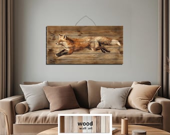 Leaping Fox Distressed Wood Wall Art – Rustic Woodland Animal Painting – Farmhouse Cabin Wildlife Decor – Handmade Fox Artwork