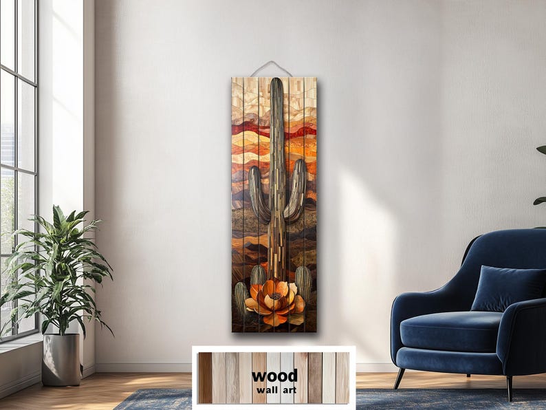 Saguaro Cactus Distressed Wood Wall Art Tall Vertical Desert Painting ...