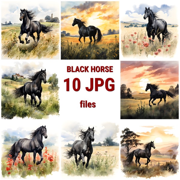 Black Horse Watercolor Clipart, Horse in a Field  Watercolor Painting, Book Scrapping High QualityJPG's, Commercial Use, Digital Download